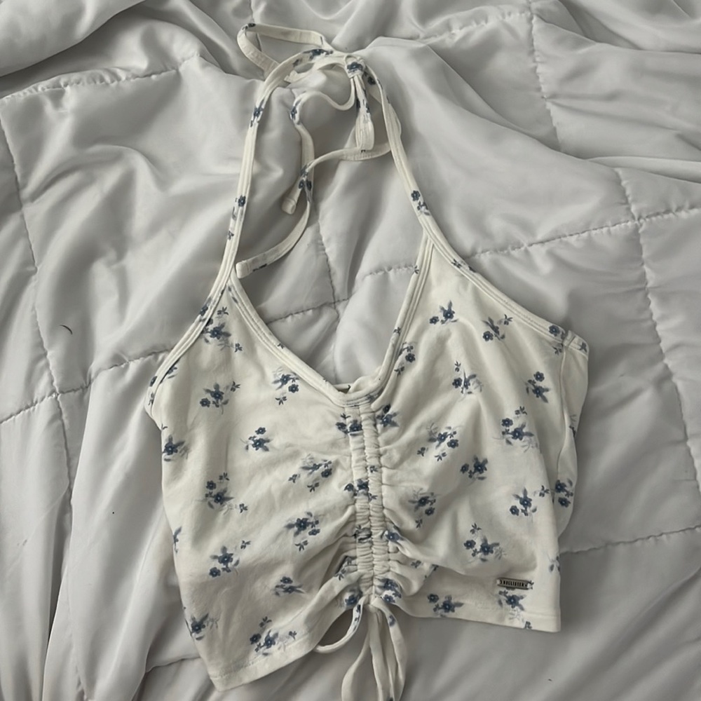 Blue and white floral halter top